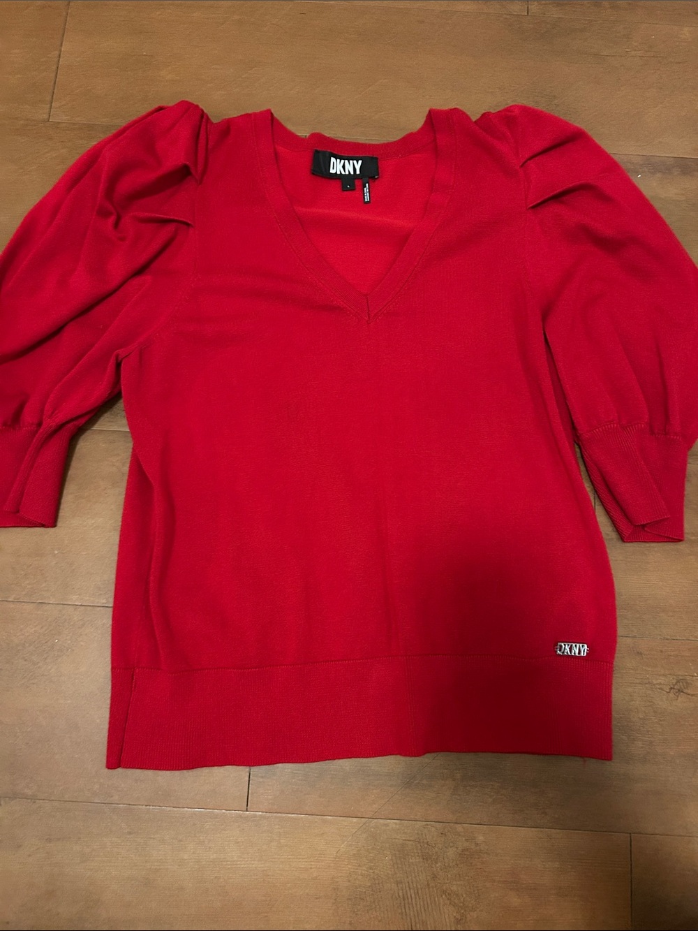 DKNY Red V-Neck Puff Sleeve Sweater